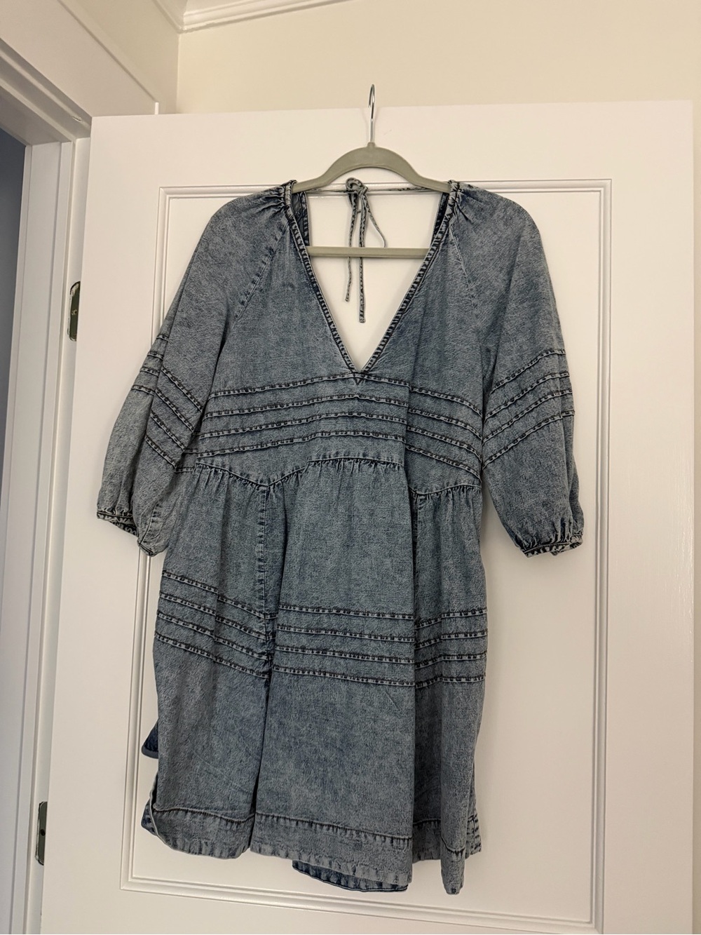Free People Washed Denim Tiered V-Neck Smock Dress - Light Blue